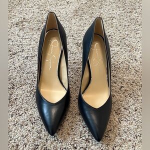 Jessica Simpson, black leather high heels, size 8.5